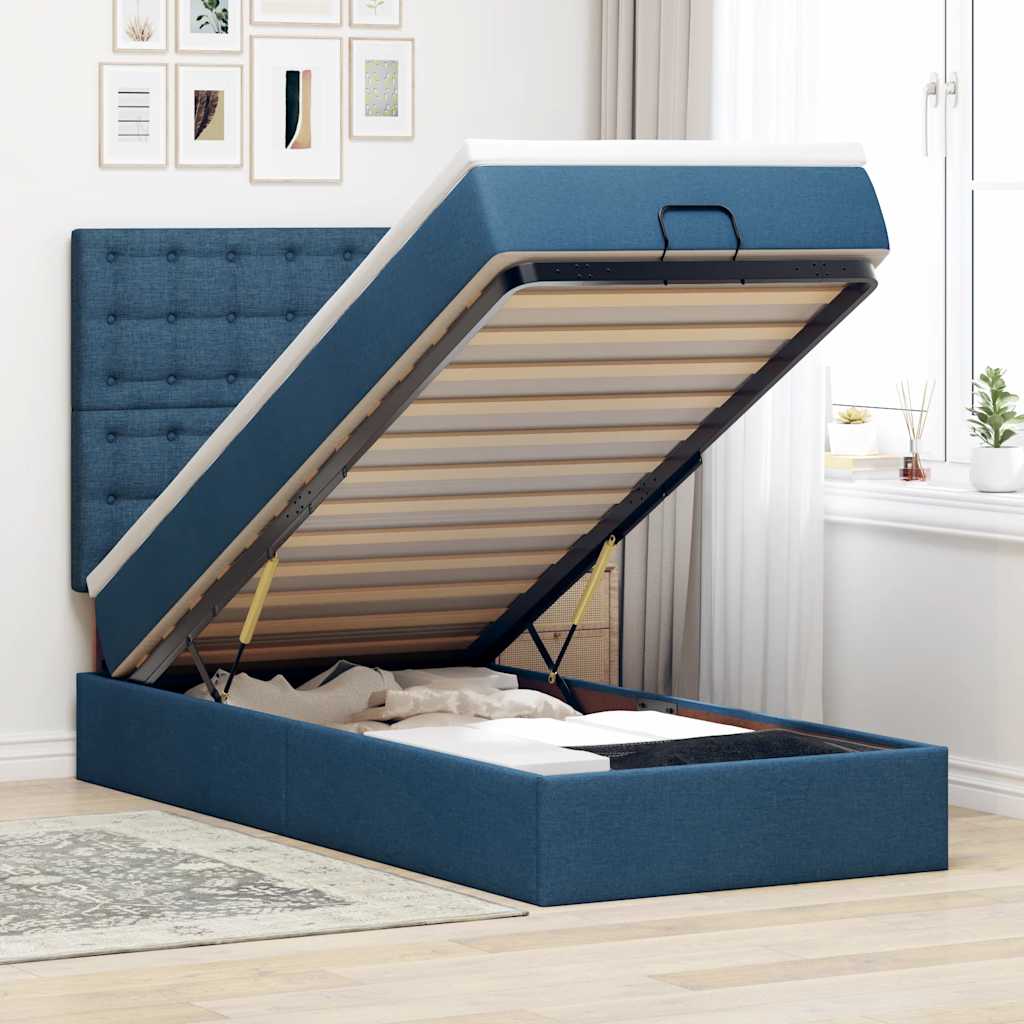 Pouf Letto con Materasso Blu 90x200 cm in Tessuto