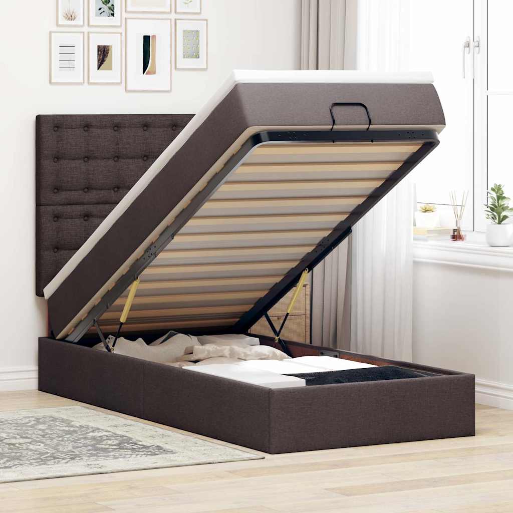 Pouf Letto con Materasso Marrone Scuro 100x200 cm in Tessuto
