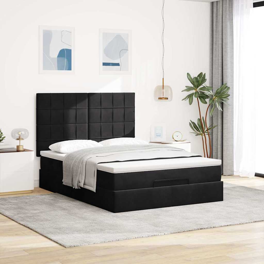 Struttura Letto Pouf con Materassi Nero 140x200 cm in Velluto
