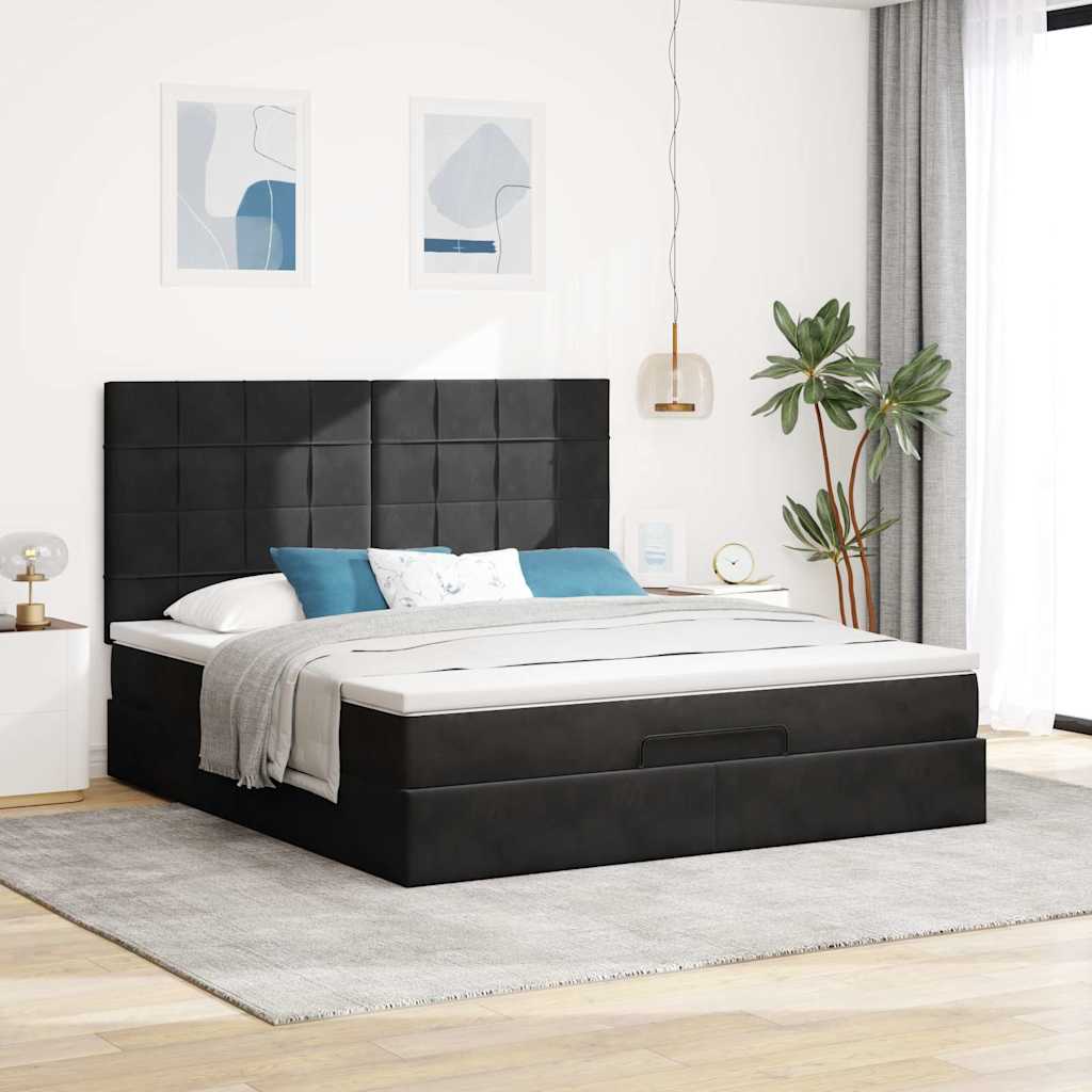 Struttura Letto Pouf con Materassi Nero 160x200 cm in Velluto