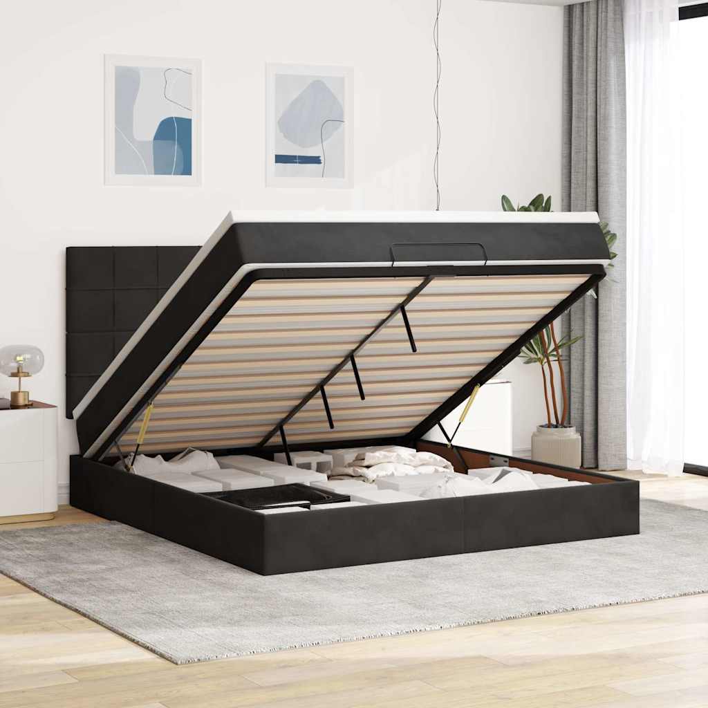 Struttura Letto Pouf con Materassi Nero 160x200 cm in Velluto