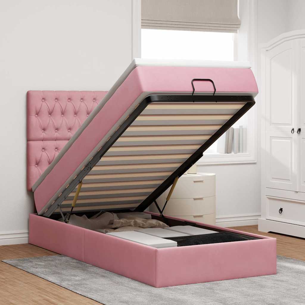 Struttura Letto Pouf con Materassi Rosa 90x200 cm in Velluto