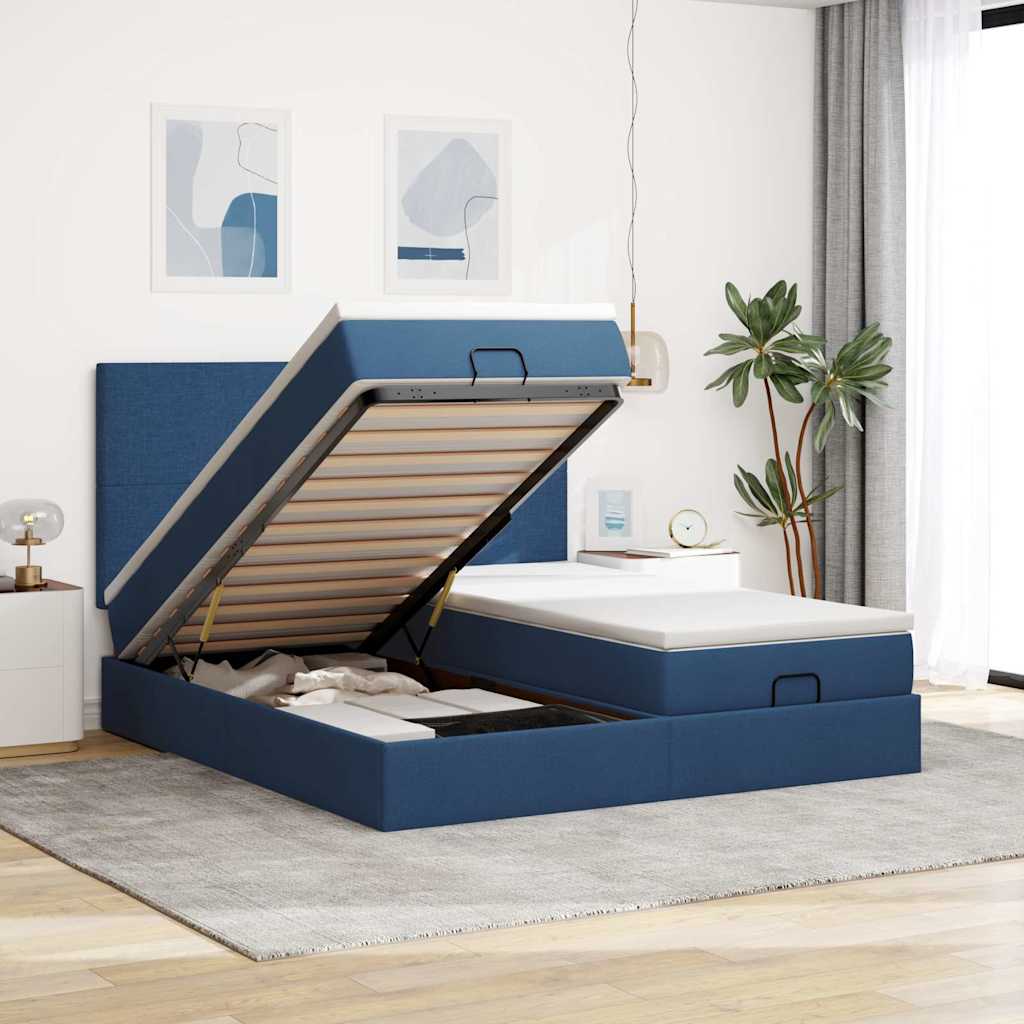 Struttura Letto Pouf con Materassi Blu 160x200 cm in Tessuto