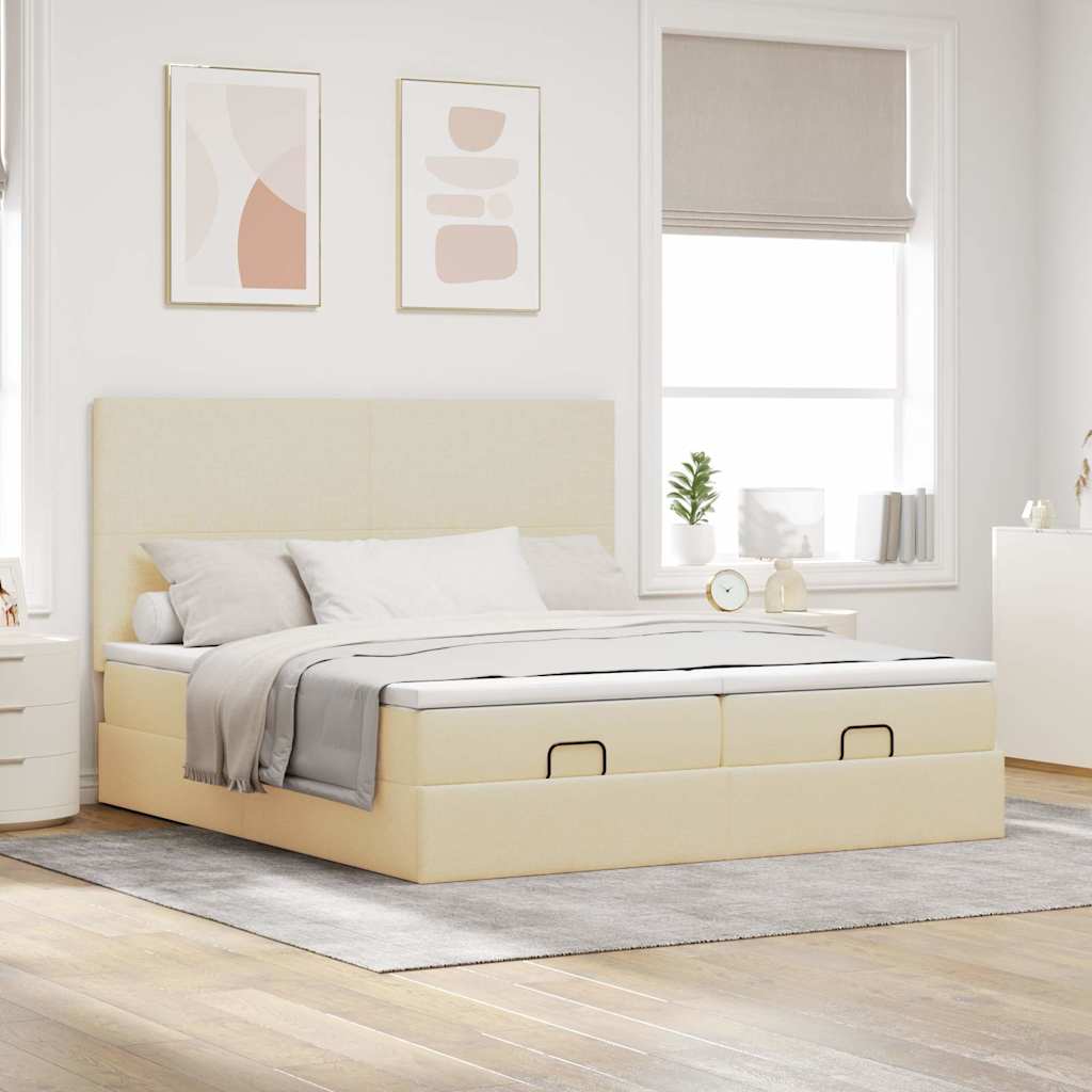 Struttura Letto Pouf con Materassi Crema 200x200 cm in Tessuto