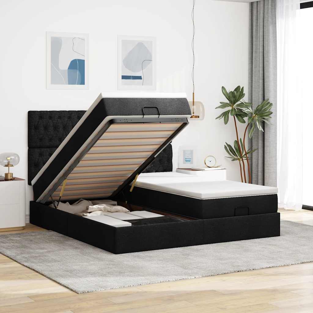 Struttura Letto Pouf con Materassi Nero 180x200 cm in Tessuto