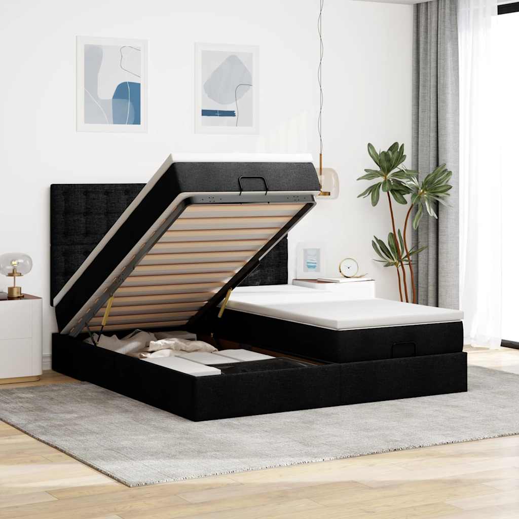 Struttura Letto Pouf con Materassi Nero 180x200 cm in Tessuto