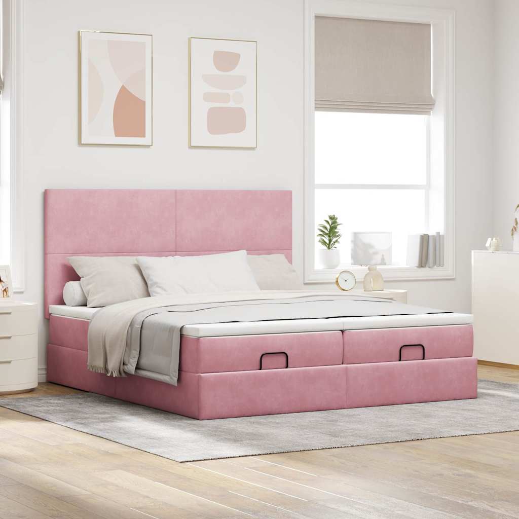 Struttura Letto Pouf con Materassi Rosa 180x200 cm Velluto