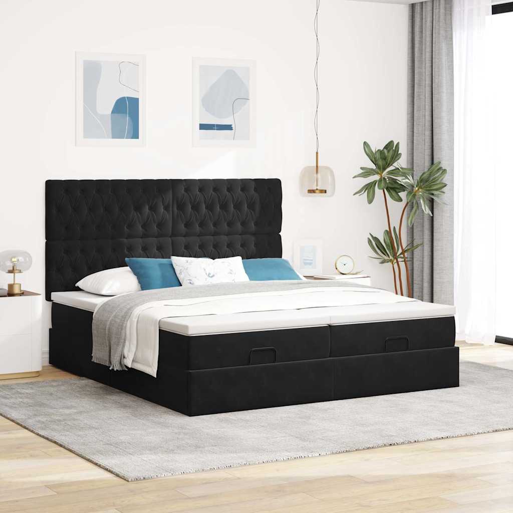 Struttura Letto Pouf con Materassi Nero 180x200 cm in Velluto