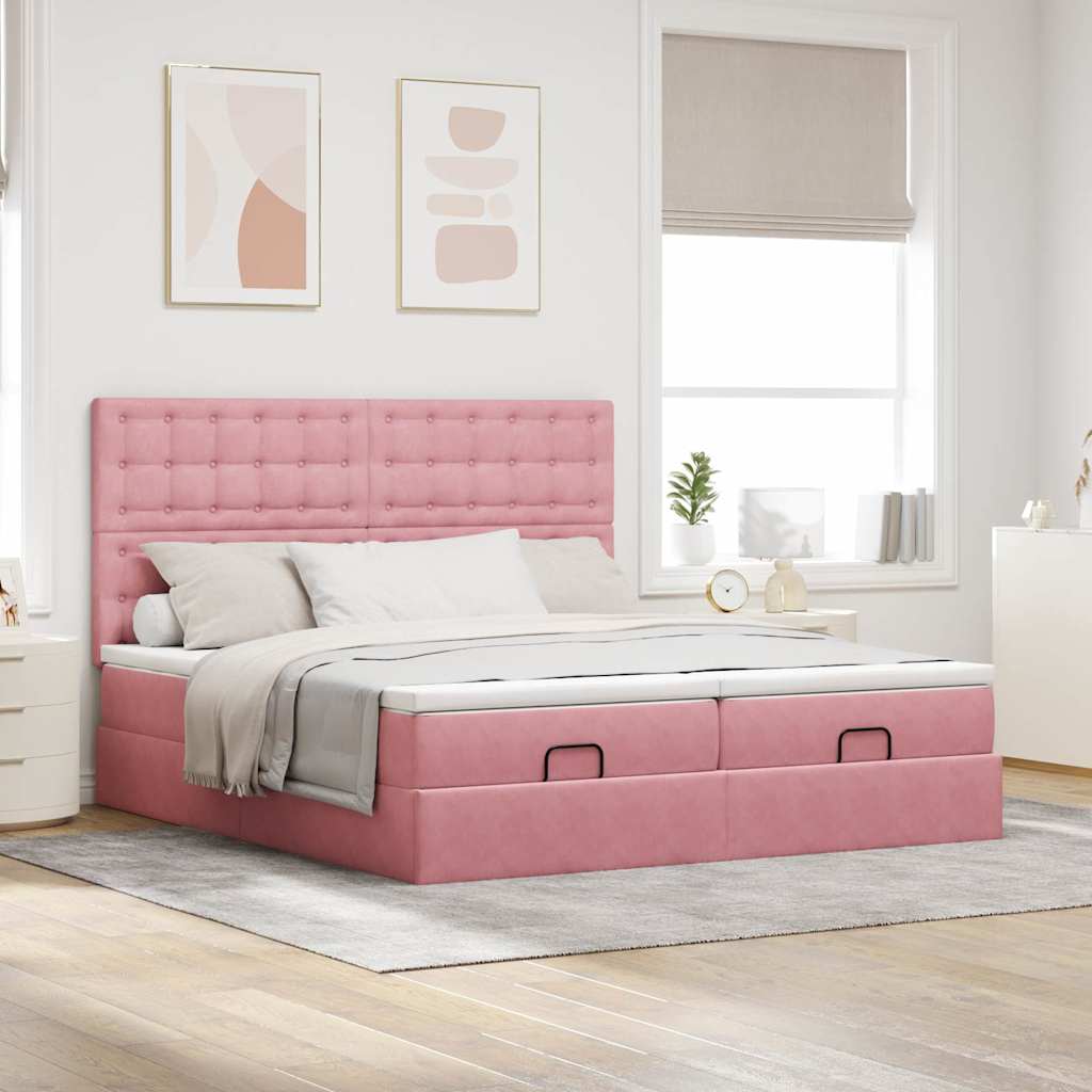 Struttura Letto Pouf con Materassi Rosa 180x200 cm Velluto
