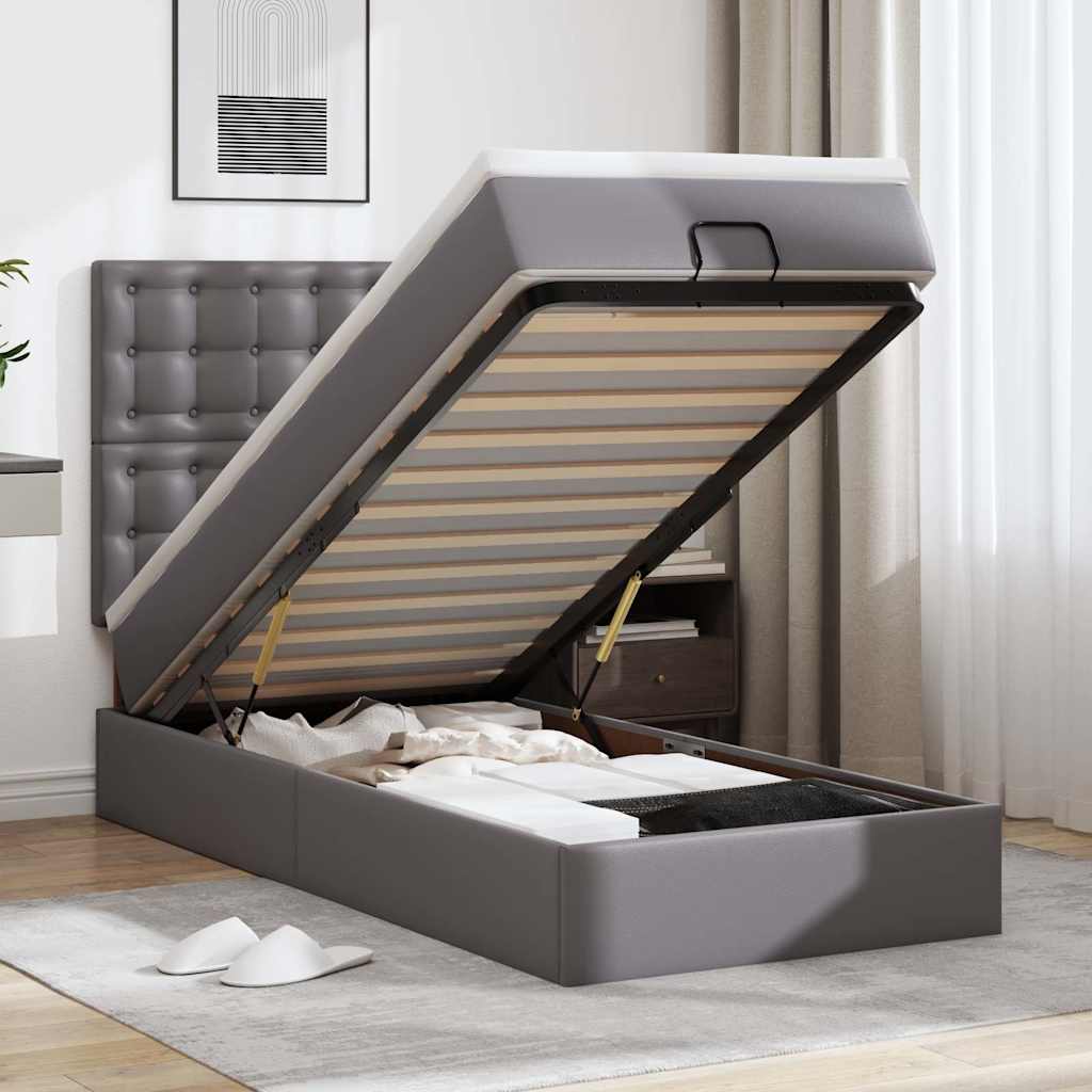 Struttura Letto Pouf con Materasso Grigio 100x200 cm Similpelle