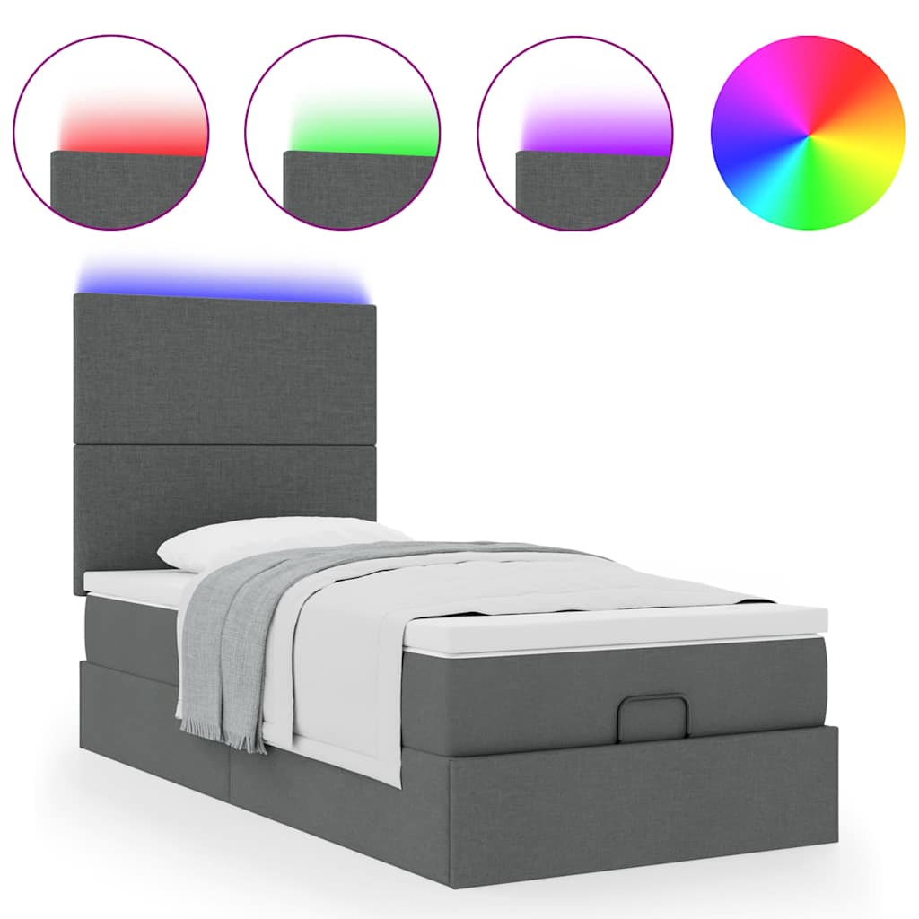 Pouf Letto con Materasso e LED Grigio Scuro 80x200cm in Tessuto