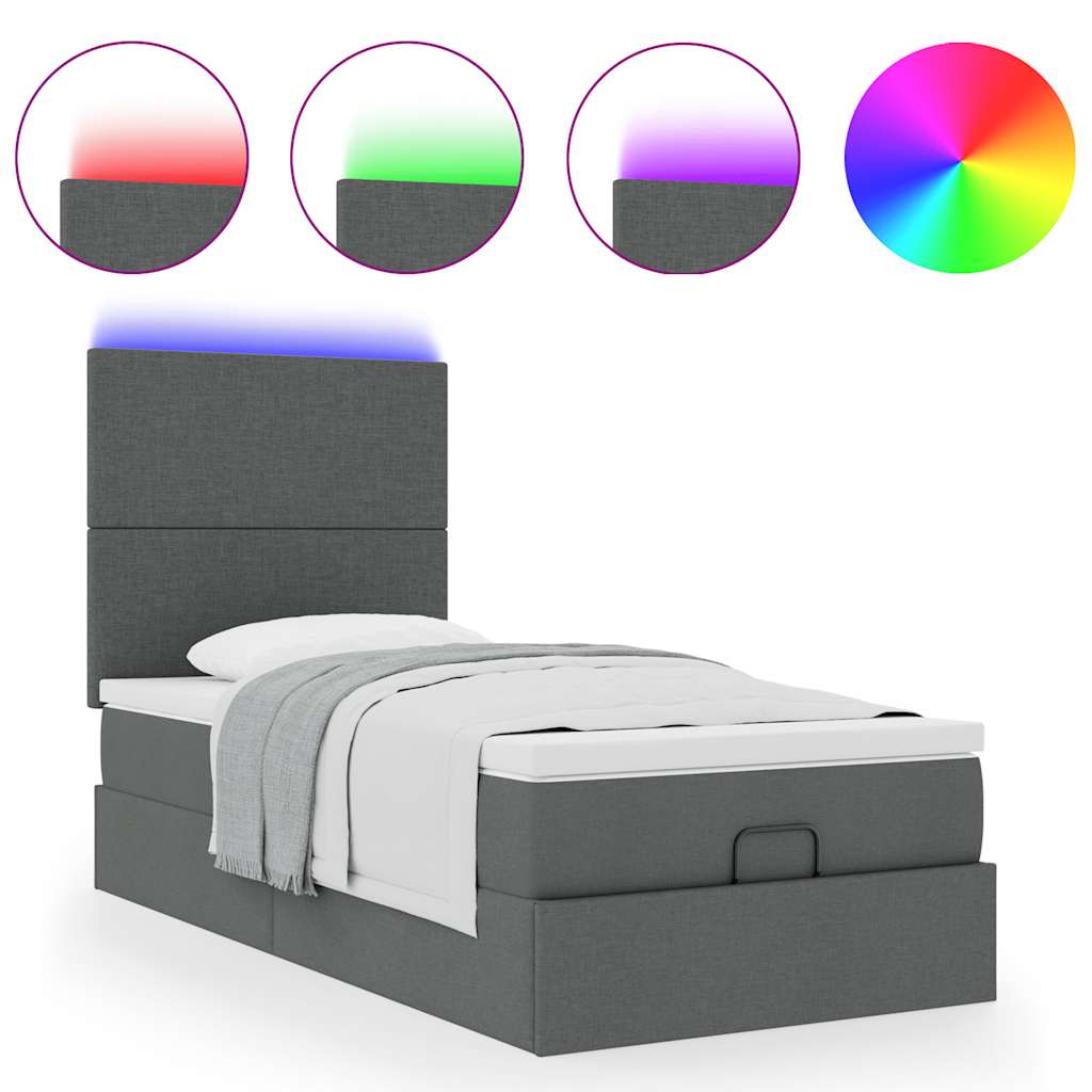 Pouf Letto con Materasso e LED Grigio Scuro 90x200 cm Tessuto