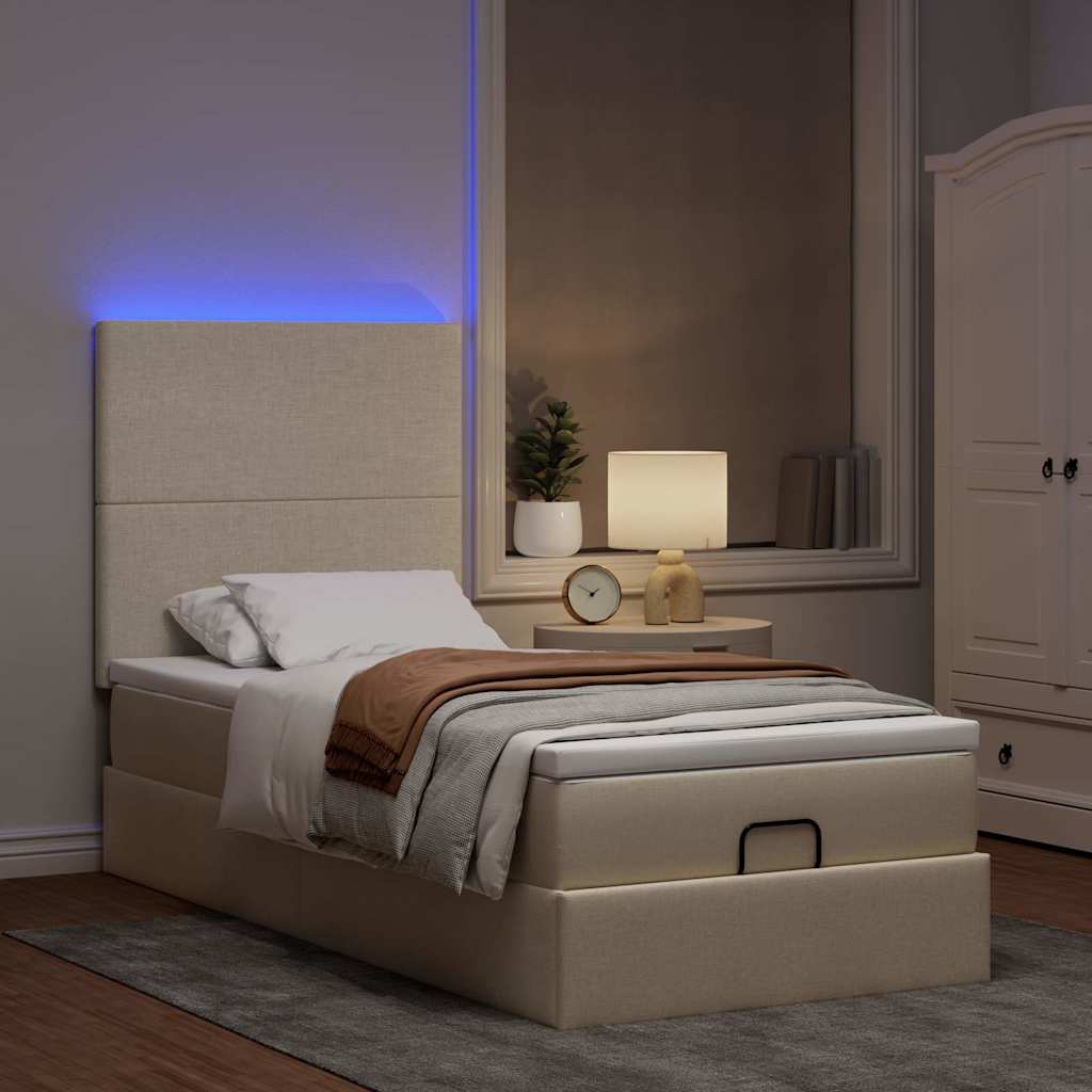 Pouf Letto con Materasso e LED Crema 90x200 cm in Tessuto