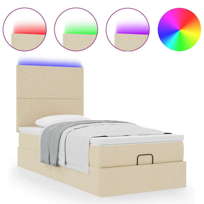 Pouf Letto con Materasso e LED Crema 90x200 cm in Tessuto