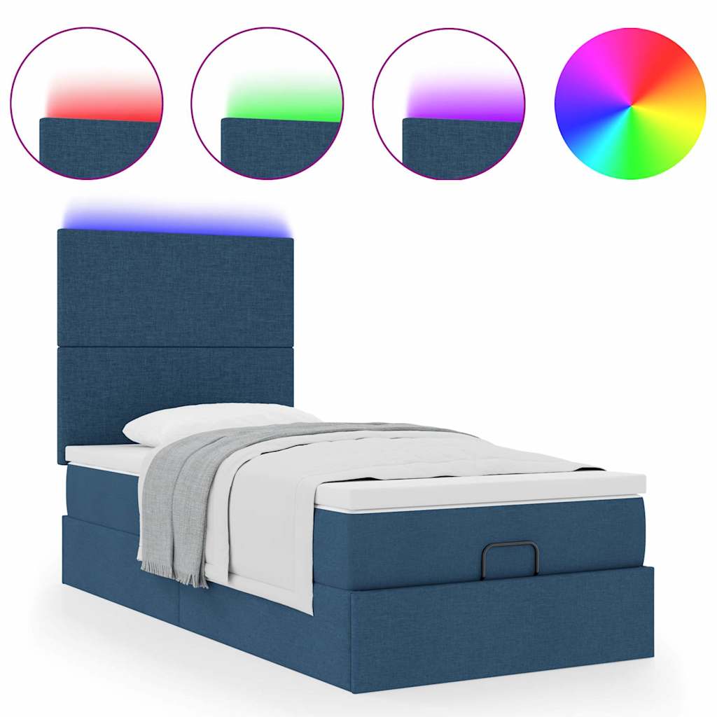 Pouf Letto con Materasso e LED Blu 90x200 cm in Tessuto