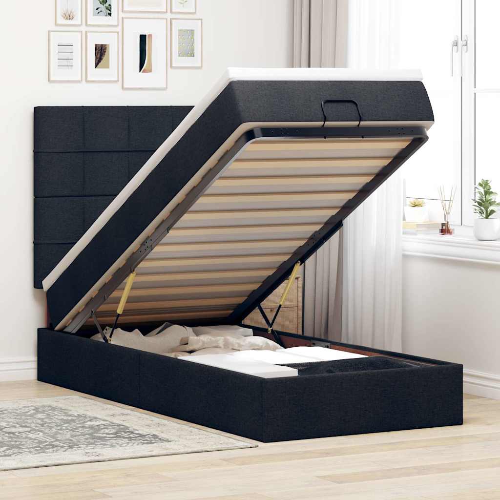 Pouf Letto con Materasso e LED Nero 80x200cm in Tessuto