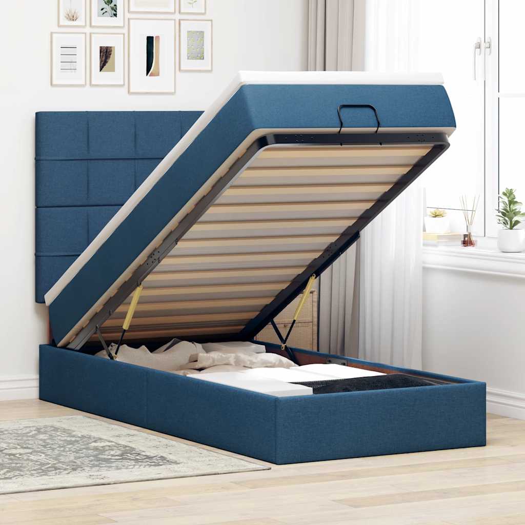 Struttura Letto Pouf con Materasso Blu 90x190 cm in Tessuto