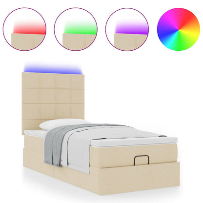 Pouf Letto con Materasso e LED Crema 90x200 cm in Tessuto