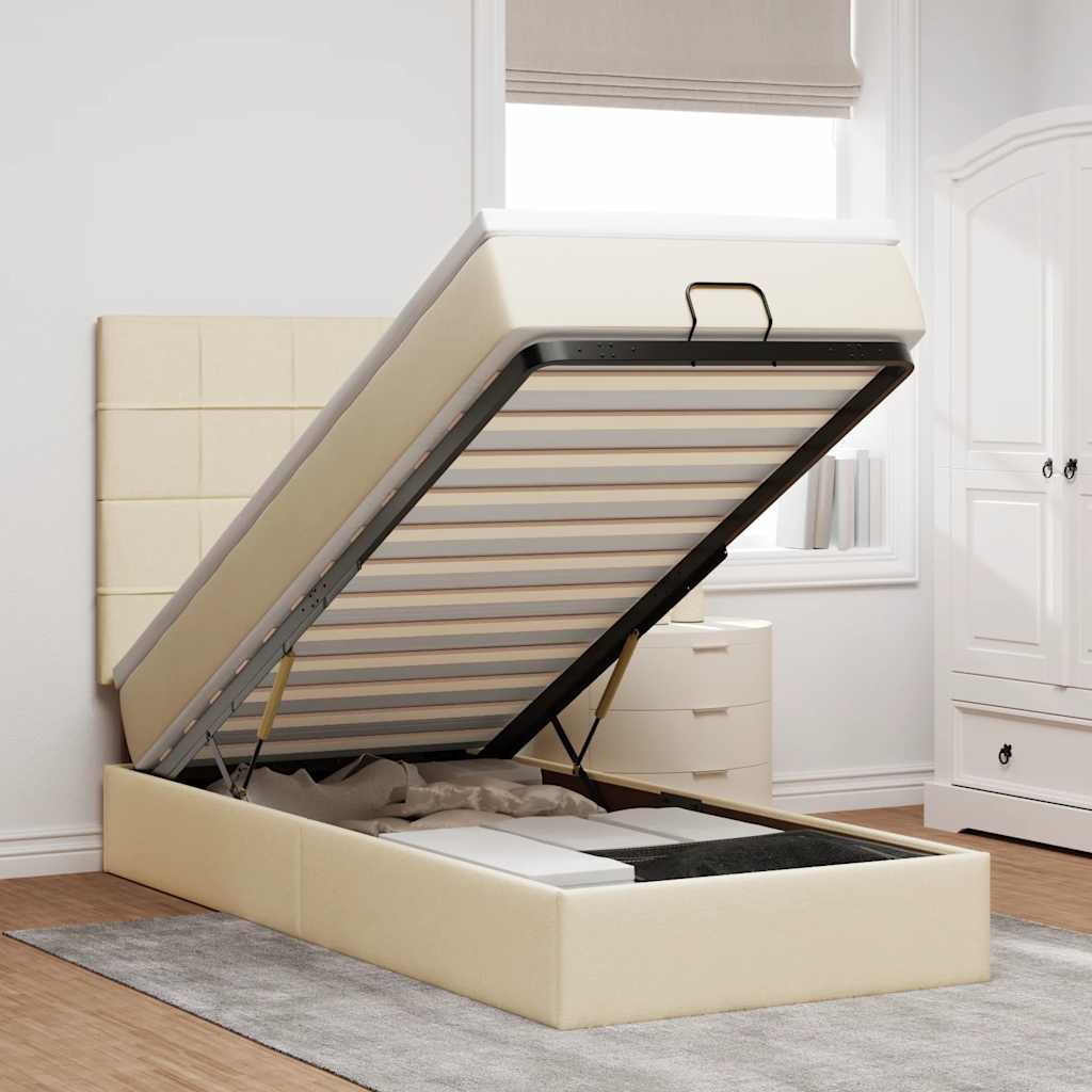 Pouf Letto con Materasso e LED Crema 90x200 cm in Tessuto