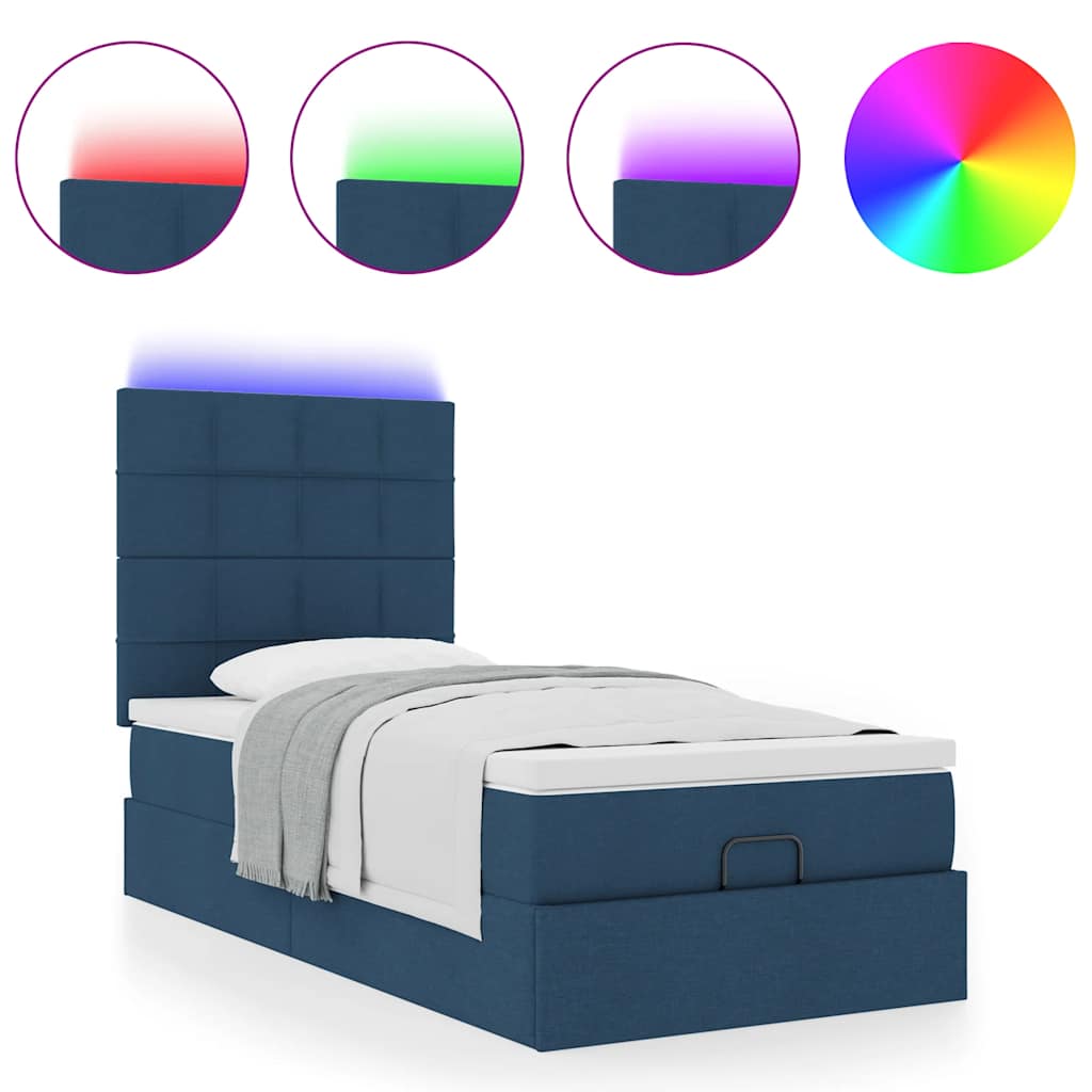 Pouf Letto con Materasso e LED Blu 90x200 cm in Tessuto