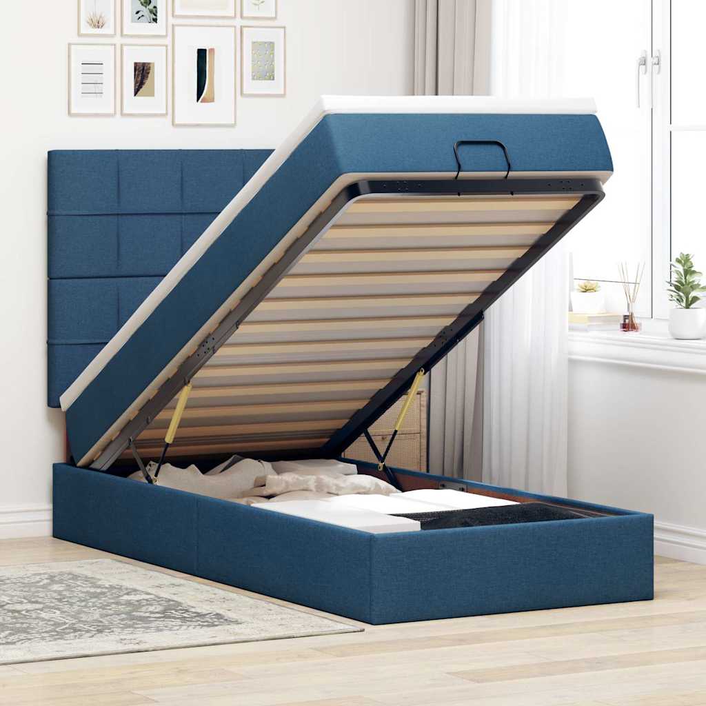 Pouf Letto con Materasso e LED Blu 90x200 cm in Tessuto