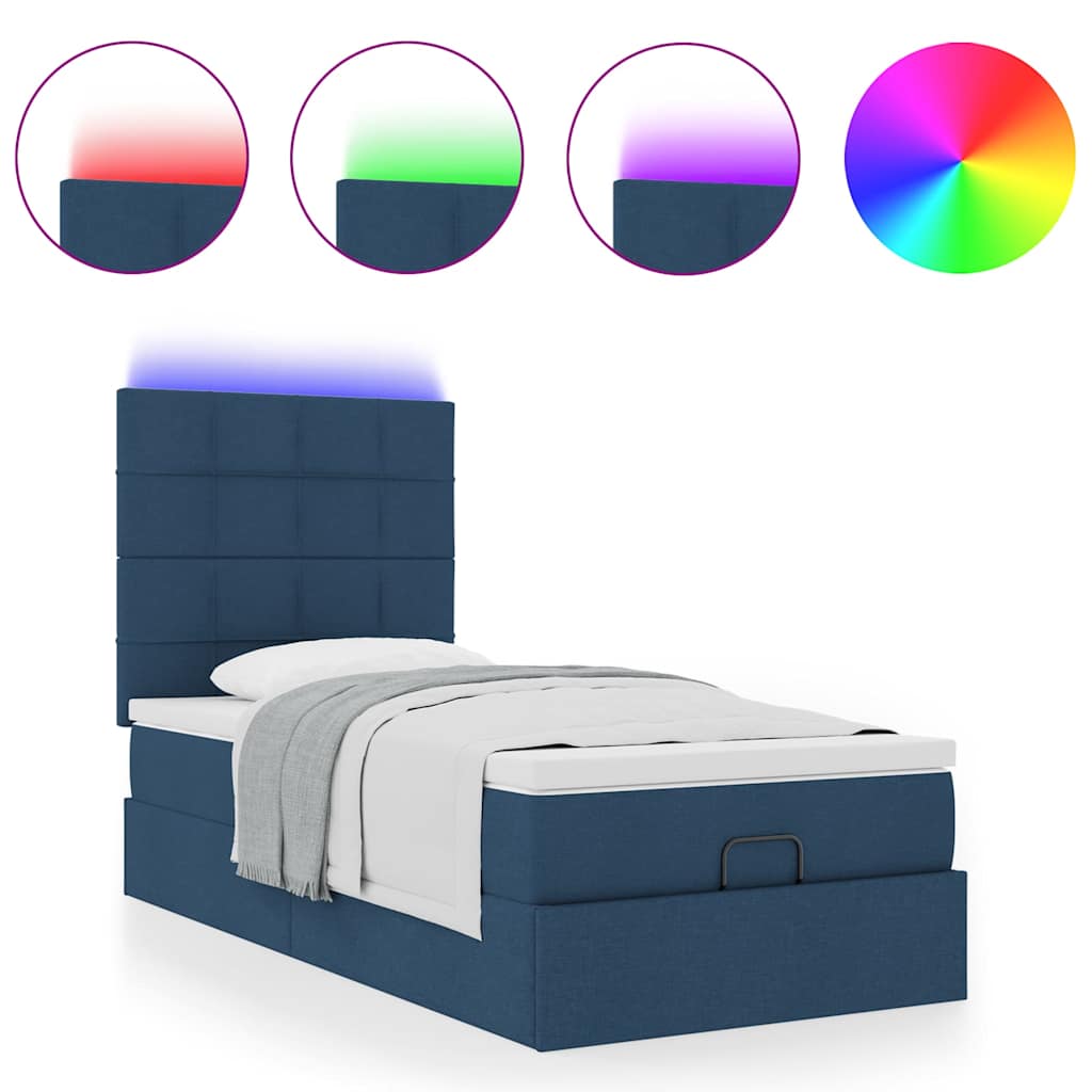 Pouf Letto con Materasso e LED Blu 100x200 cm in Tessuto