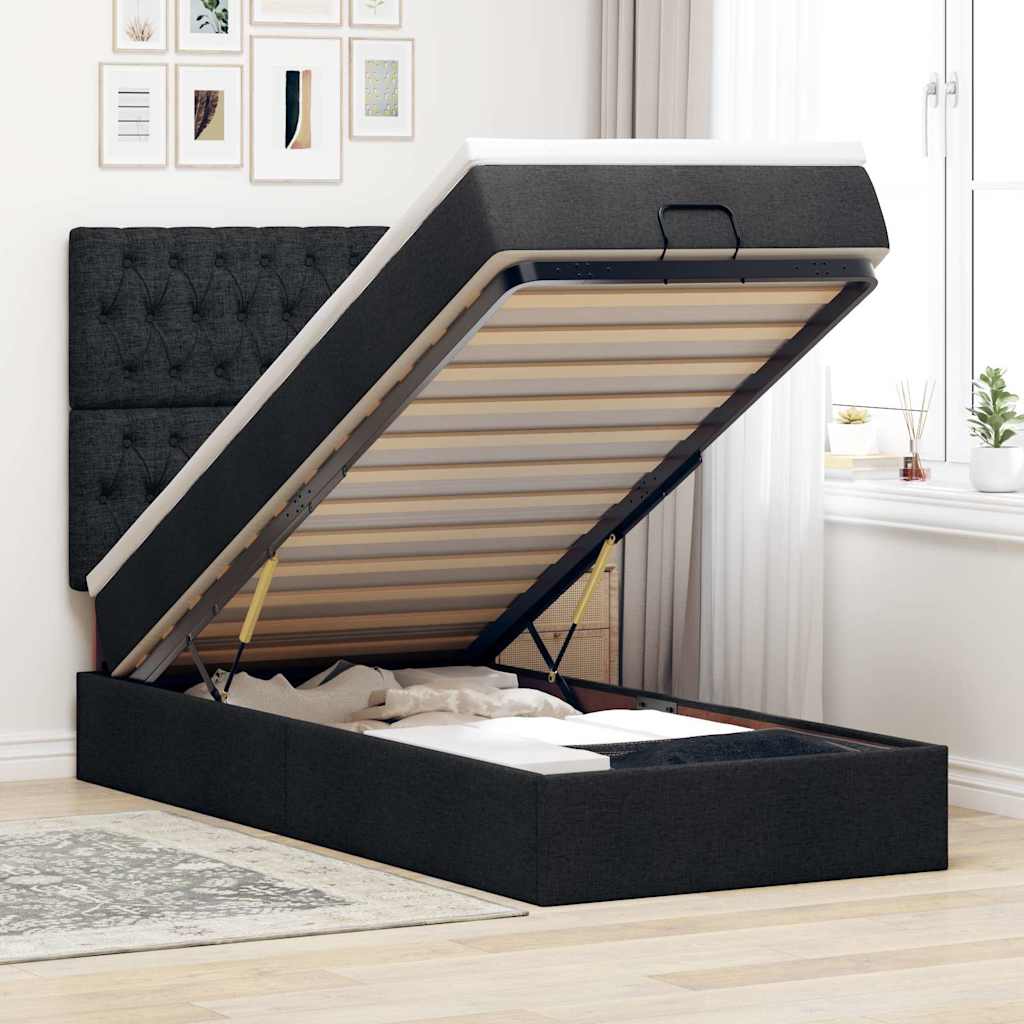 Pouf Letto con Materasso e LED Nero 80x200cm in Tessuto