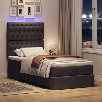 Pouf Letto con Materasso e LED Marrone Scuro 90x200 cm Tessuto