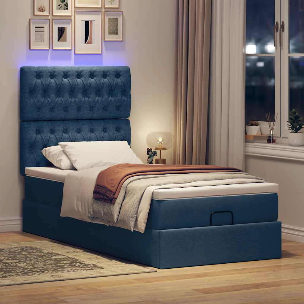 Pouf Letto con Materasso e LED Blu 90x200 cm in Tessuto