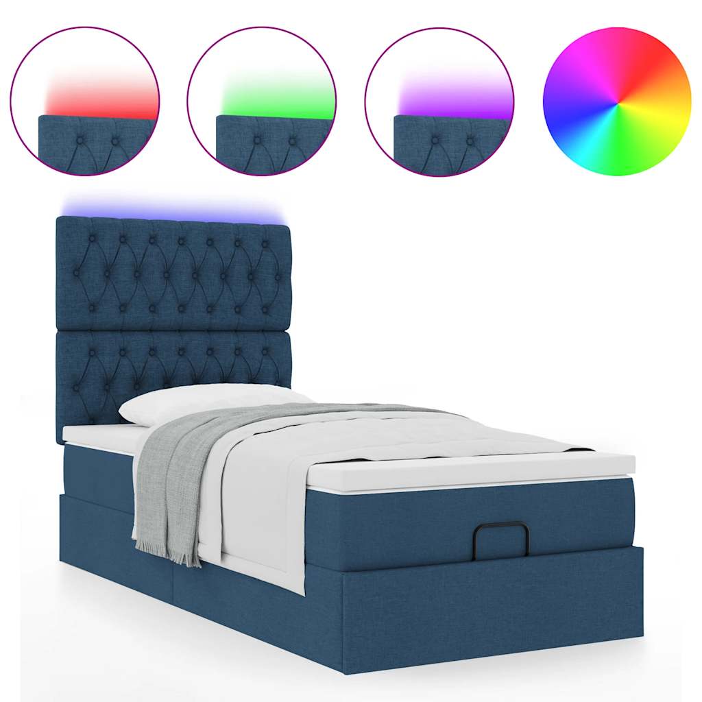 Pouf Letto con Materasso e LED Blu 90x200 cm in Tessuto