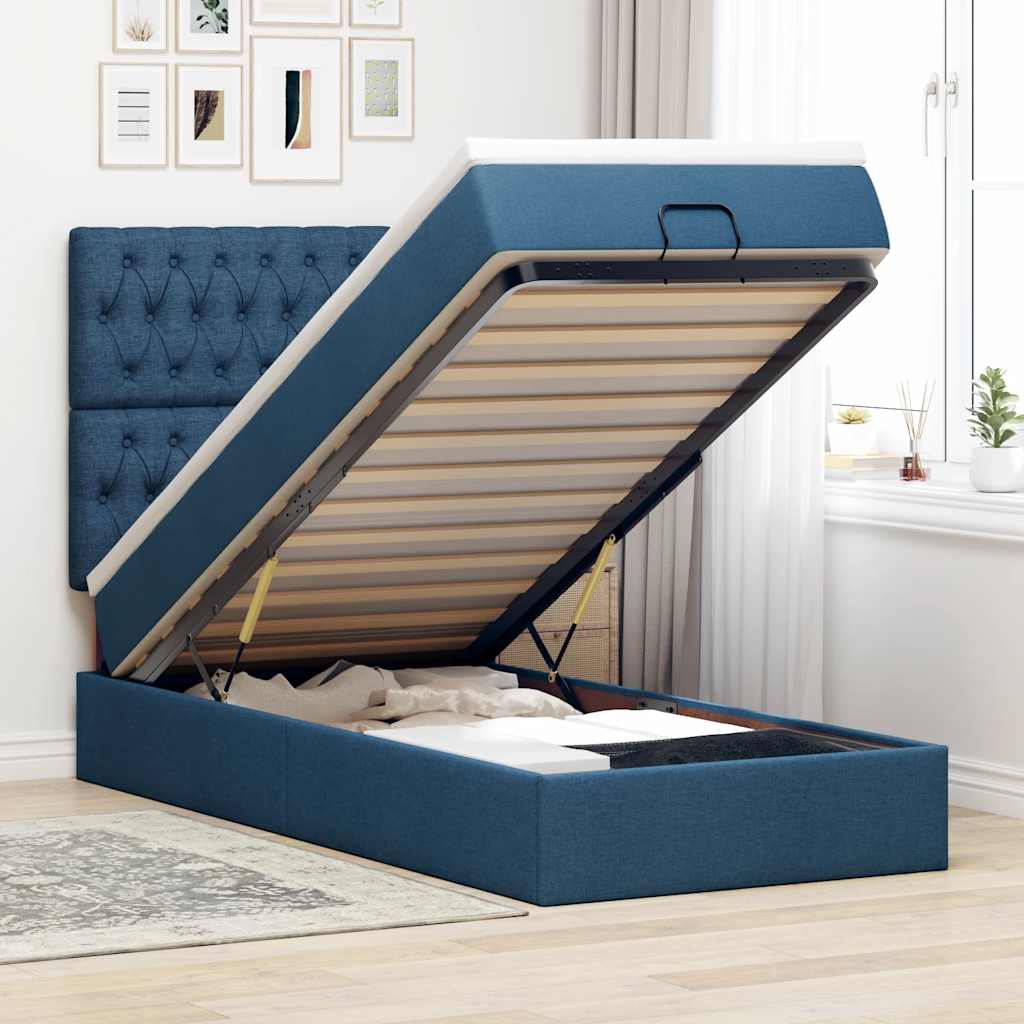 Pouf Letto con Materasso e LED Blu 90x200 cm in Tessuto