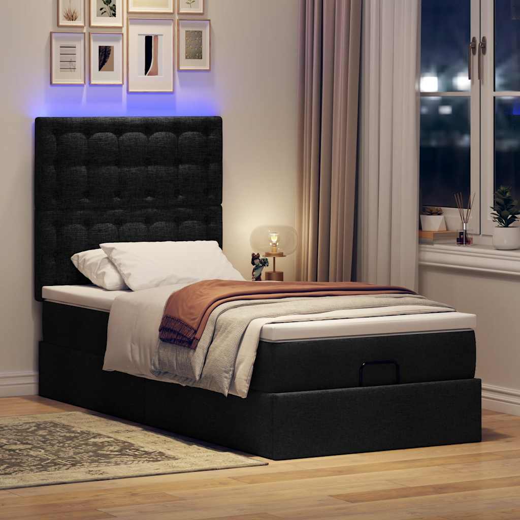 Pouf Letto con Materasso e LED Nero 80x200cm in Tessuto