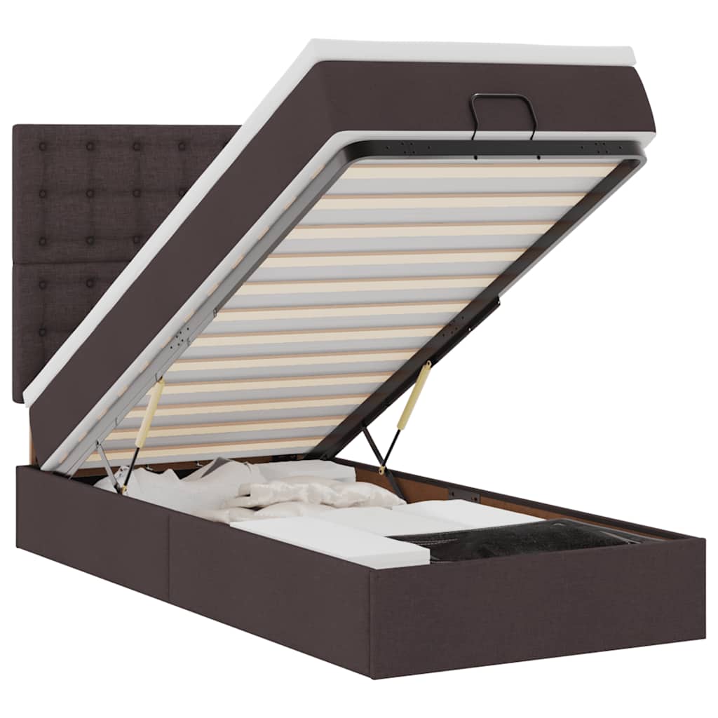 Pouf Letto con Materasso e LED Marrone Scuro 90x200 cm Tessuto