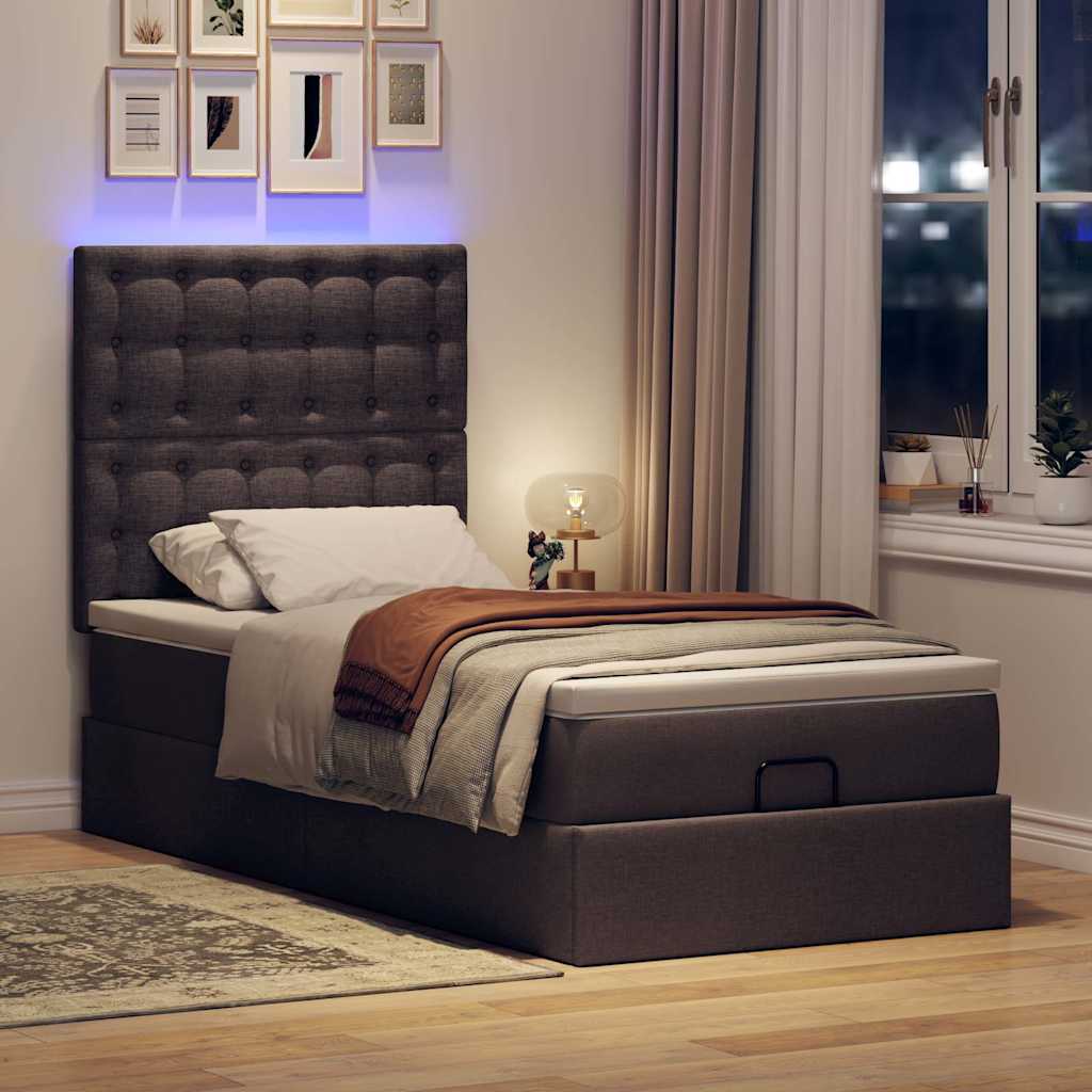 Pouf Letto con Materasso e LED Marrone Scuro 90x200 cm Tessuto
