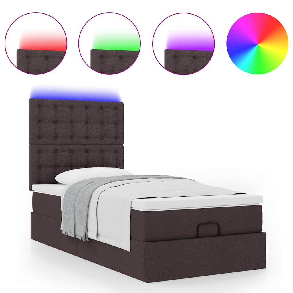 Pouf Letto con Materasso e LED Marrone Scuro 90x200 cm Tessuto