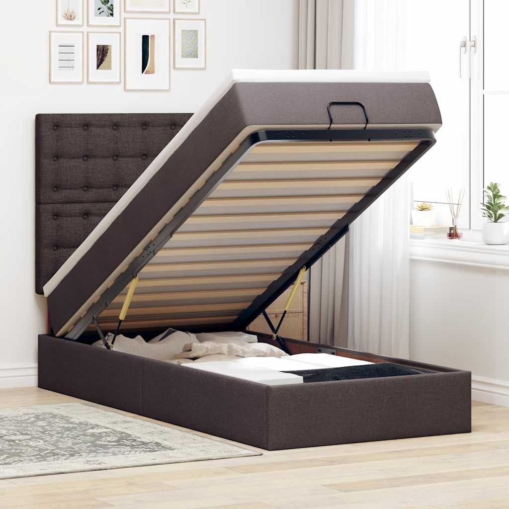 Pouf Letto con Materasso e LED Marrone Scuro 90x200 cm Tessuto