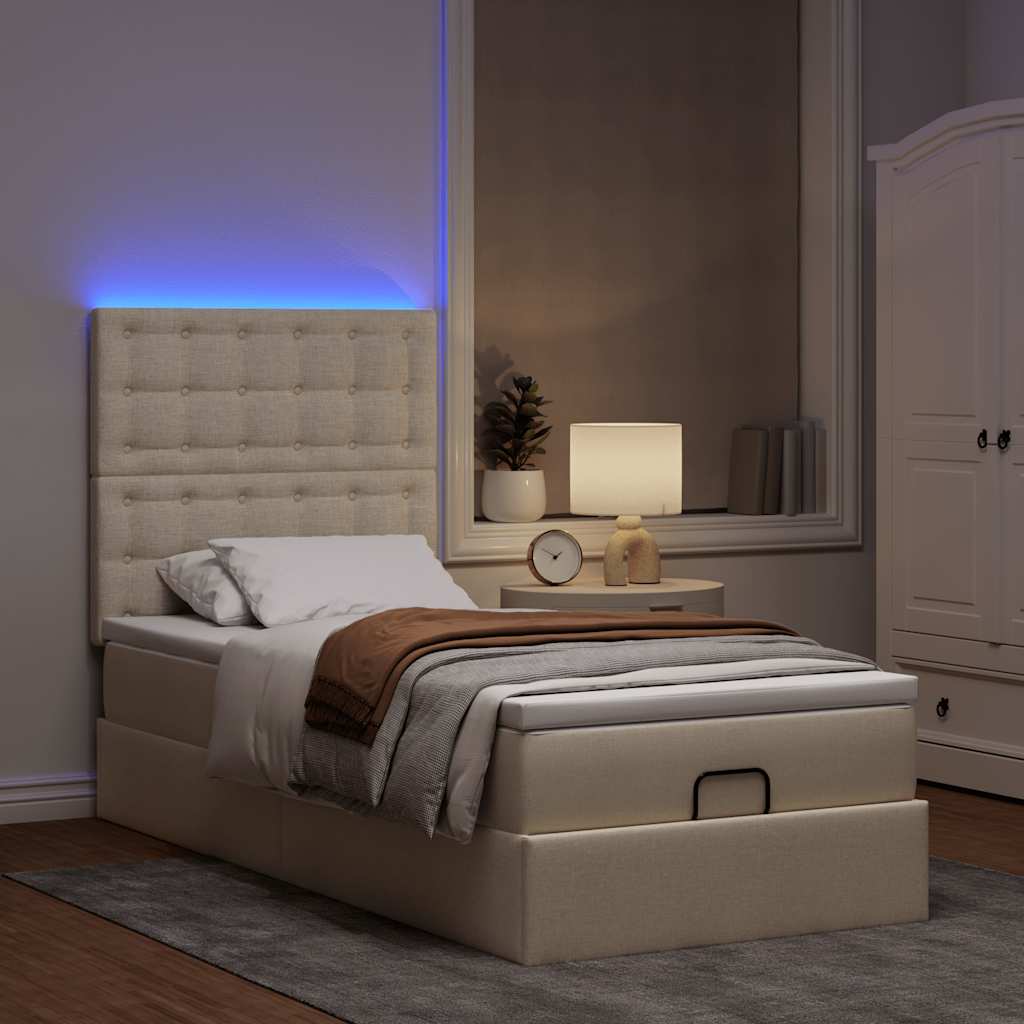 Pouf Letto con Materasso e LED Crema 90x200 cm in Tessuto