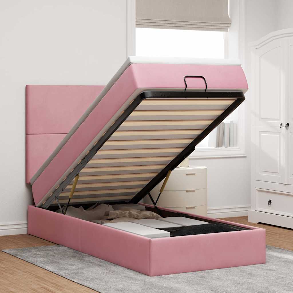 Struttura Letto Pouf con Materassi Rosa 90x190 cm in Velluto