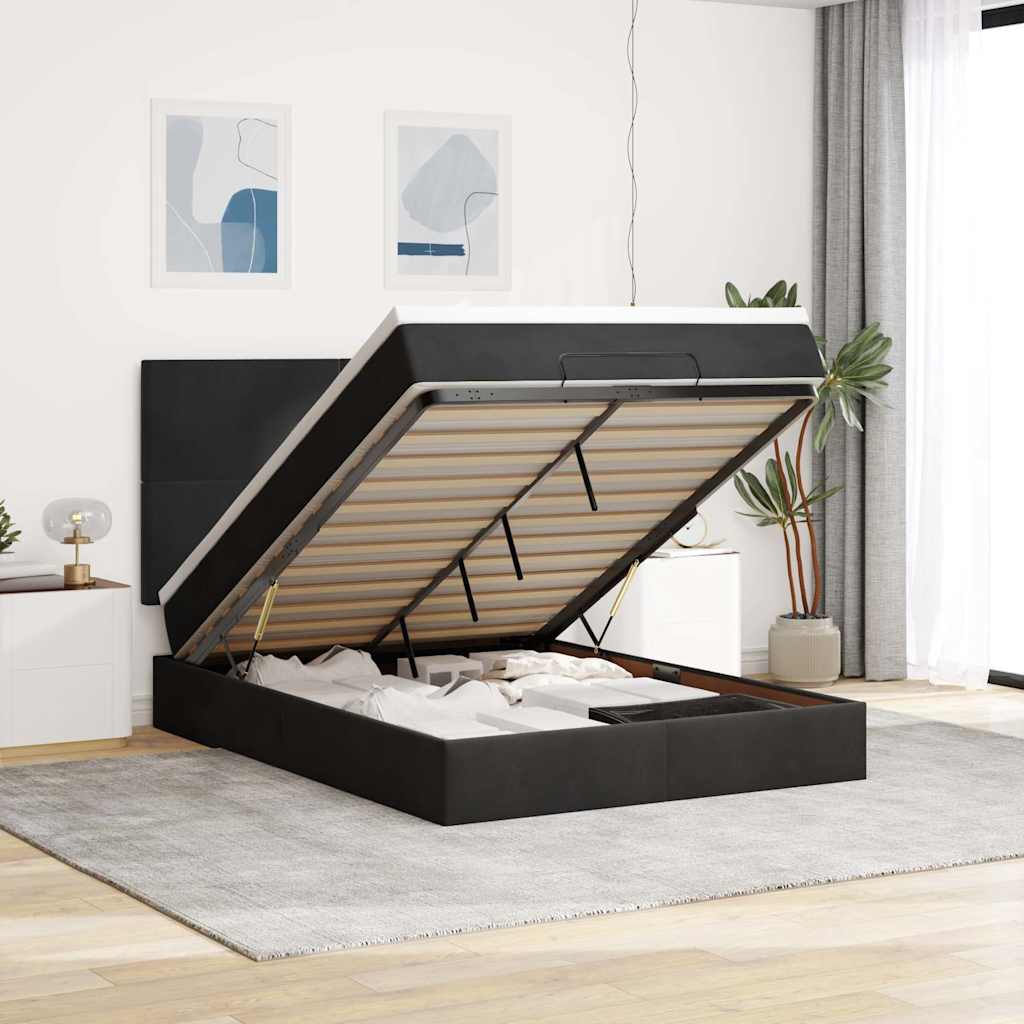 Struttura Letto Pouf con Materassi Nero 140x200 cm in Velluto