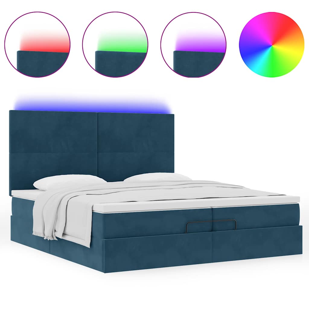Pouf Letto con Materassi e LED Blu Scuro 200x200cm Velluto
