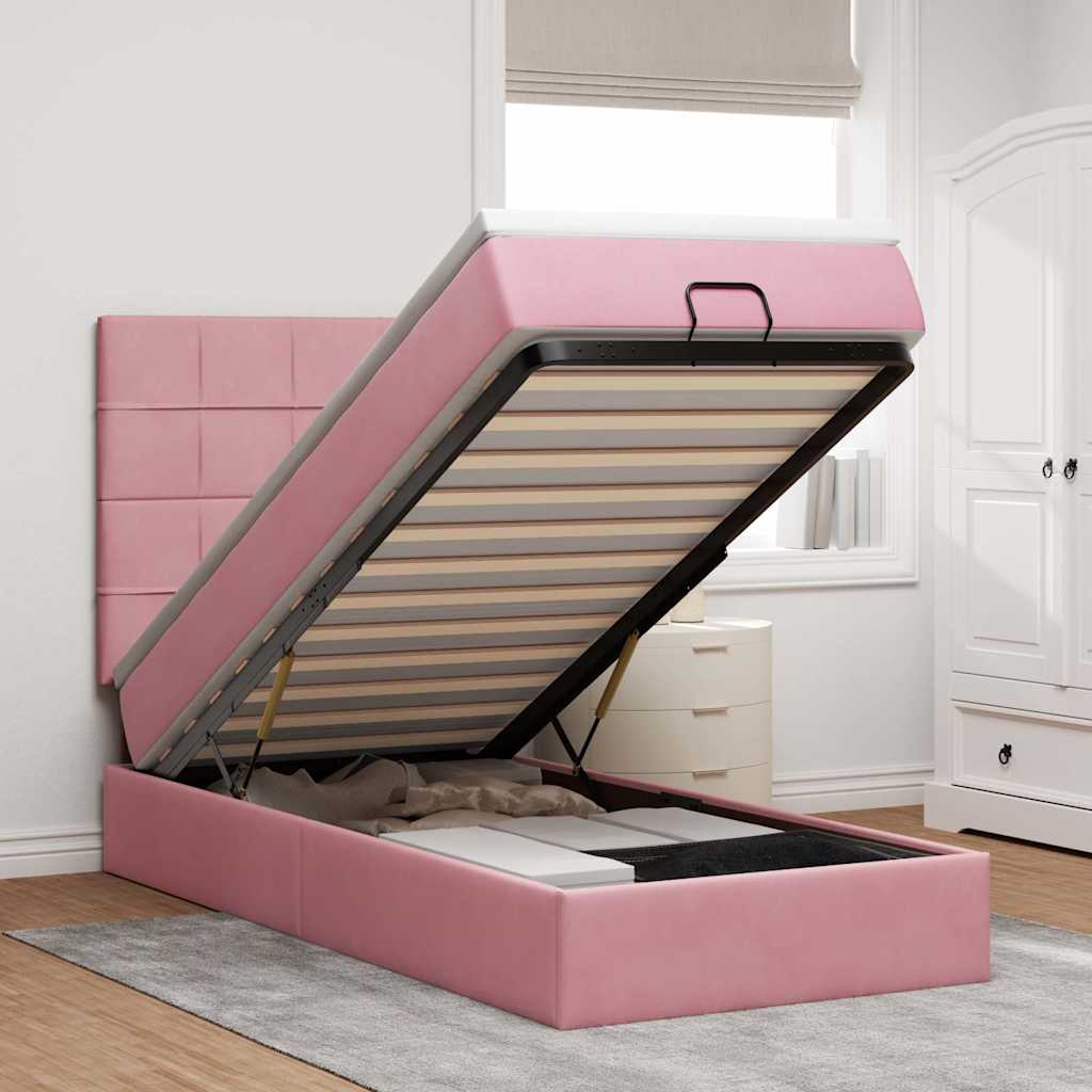 Struttura Letto Pouf con Materassi Rosa 90x200 cm in Velluto