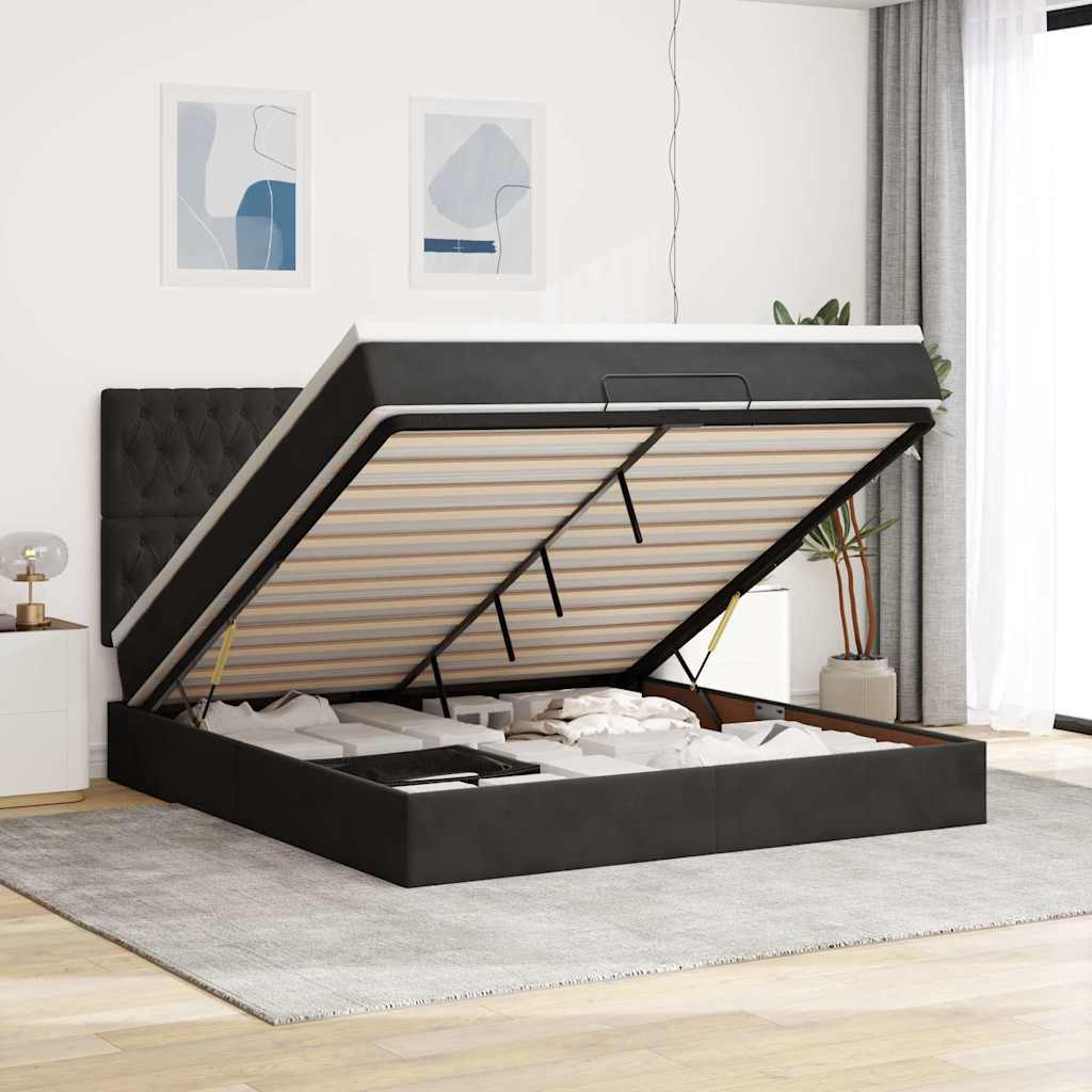 Struttura Letto Pouf con Materassi Nero 160x200 cm in Velluto