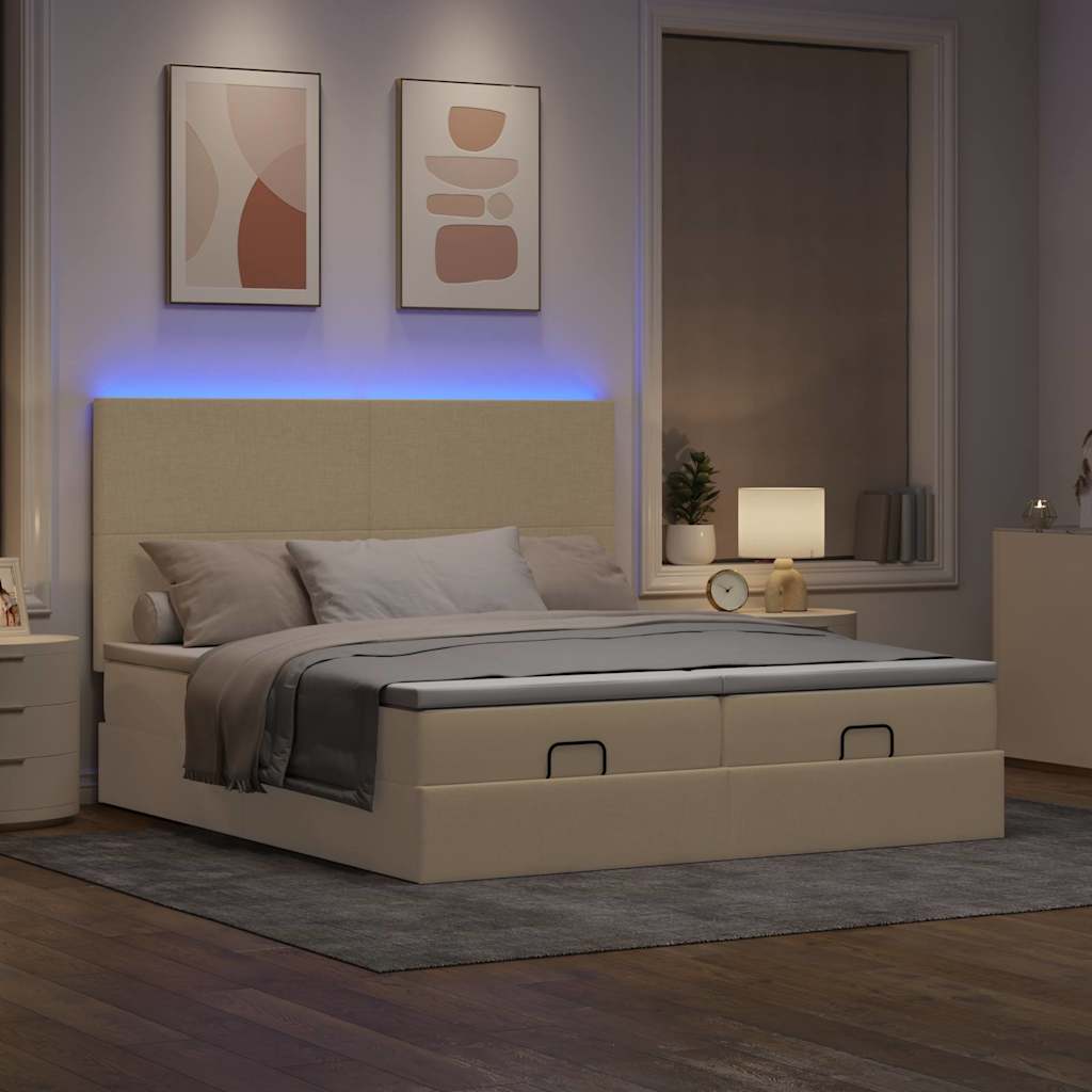 Struttura Letto Pouf con Materassi Crema 200x200 cm in Tessuto