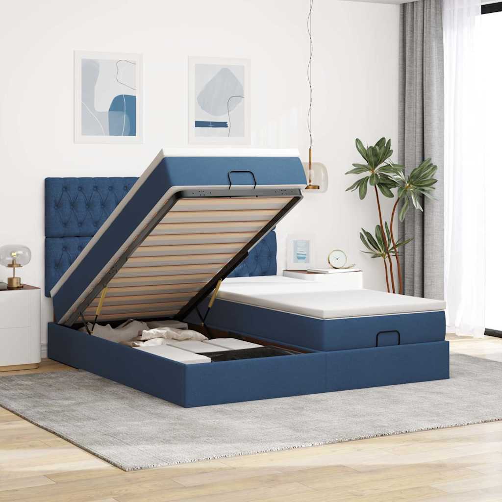 Struttura Letto Pouf con Materassi Blu 160x200 cm in Tessuto