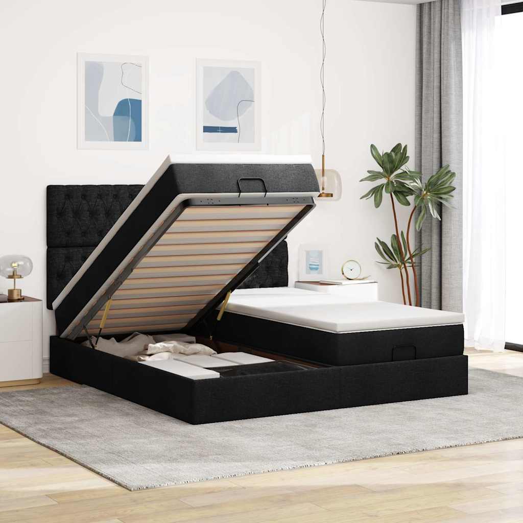 Struttura Letto Pouf con Materassi Nero 200x200 cm in Tessuto