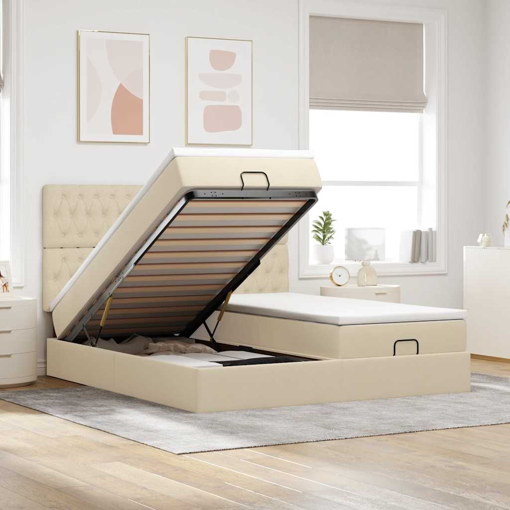 Struttura Letto Pouf con Materassi Crema 200x200 cm in Tessuto