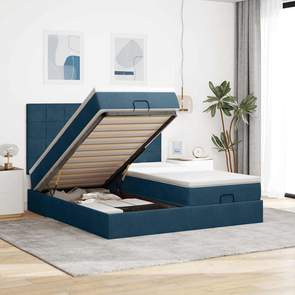 Pouf Letto con Materassi e LED Blu Scuro 200x200cm Velluto