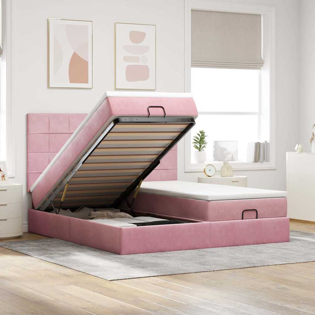 Struttura Letto Pouf con Materassi Rosa 200x200 cm Velluto