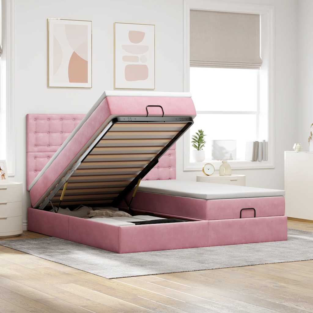 Struttura Letto Pouf con Materassi Rosa 160x200 cm Velluto