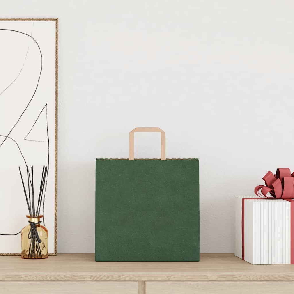 Sacchetti di Carta Kraft 50 pz con Manici Verdi 26x17x25 cm